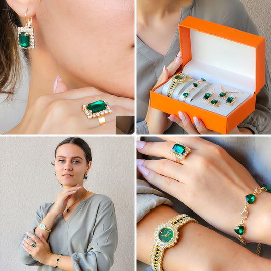 Ensemble de luxe avec montre, bracelet, collier, bague et boucles d’oreilles.