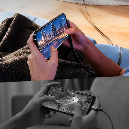 Câble de recharge rapide 240 W avec support pour téléphone réglable.