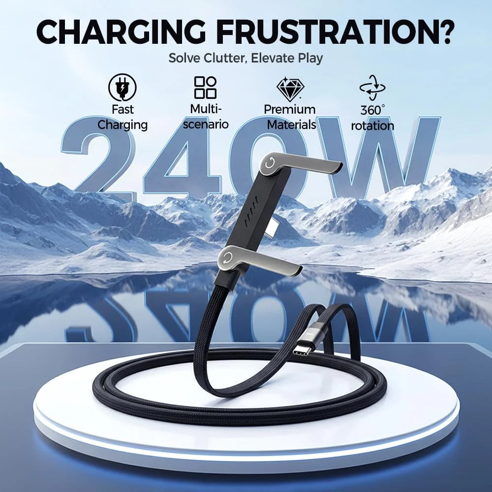 Câble de recharge rapide 240 W avec support pour téléphone réglable.