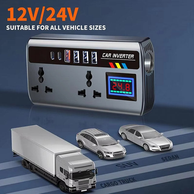 Onduleur Auto 12V/24V vers 220V — 9 Ports de Charge, 200W.