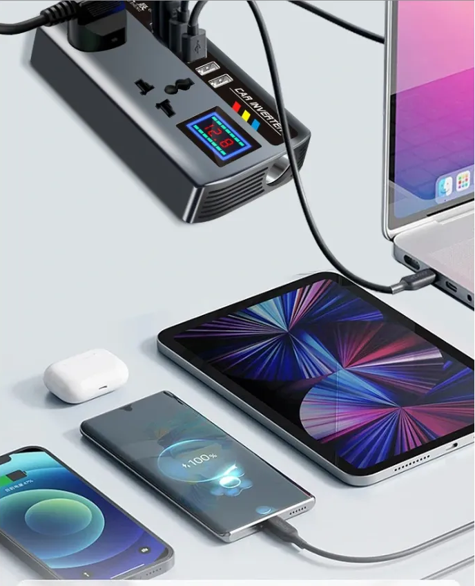 Onduleur Auto 12V/24V vers 220V — 9 Ports de Charge, 200W.