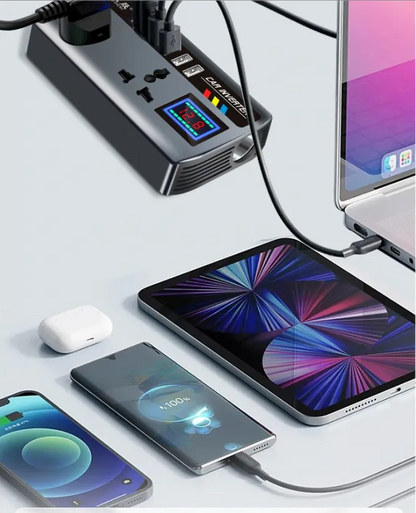 Onduleur Auto 12V/24V vers 220V — 9 Ports de Charge, 200W.