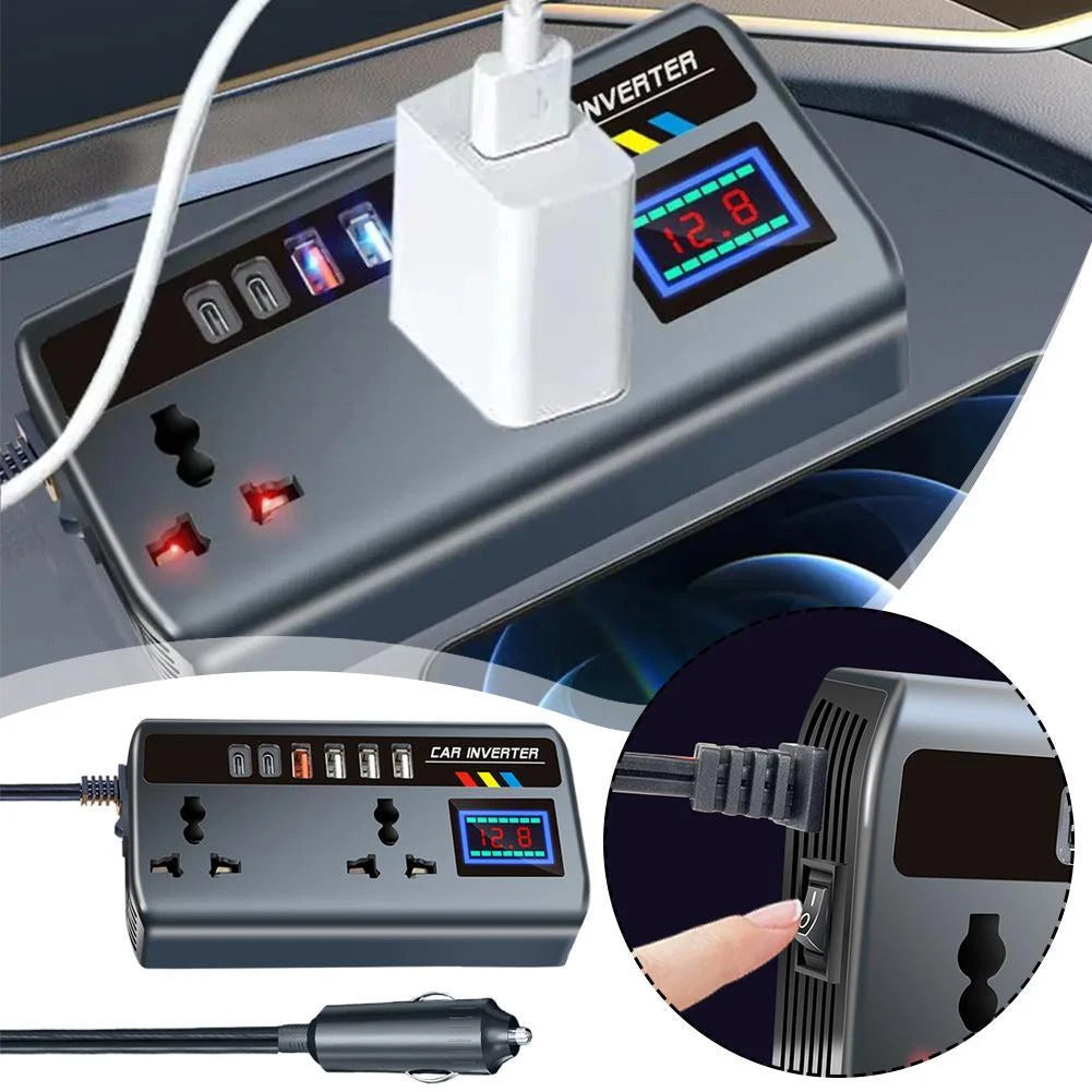 Onduleur Auto 12V/24V vers 220V — 9 Ports de Charge, 200W.